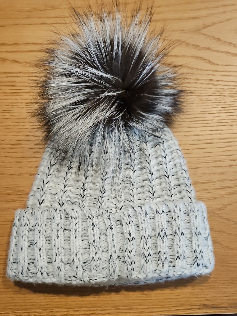 NWT, Kyi Kyi Brand Cozy Knit Pom Beanie - Light Gray with Fox Fur Pom.